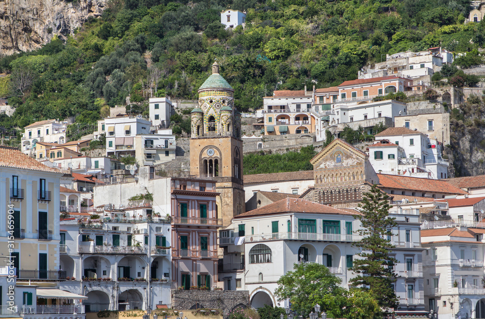 Panoramic view of the Amalfi Cathedral and buildings, Italy