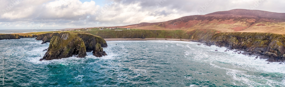 Aerial view of the beautiful coast at Malin Beg looking in County Donegal, Ireland.