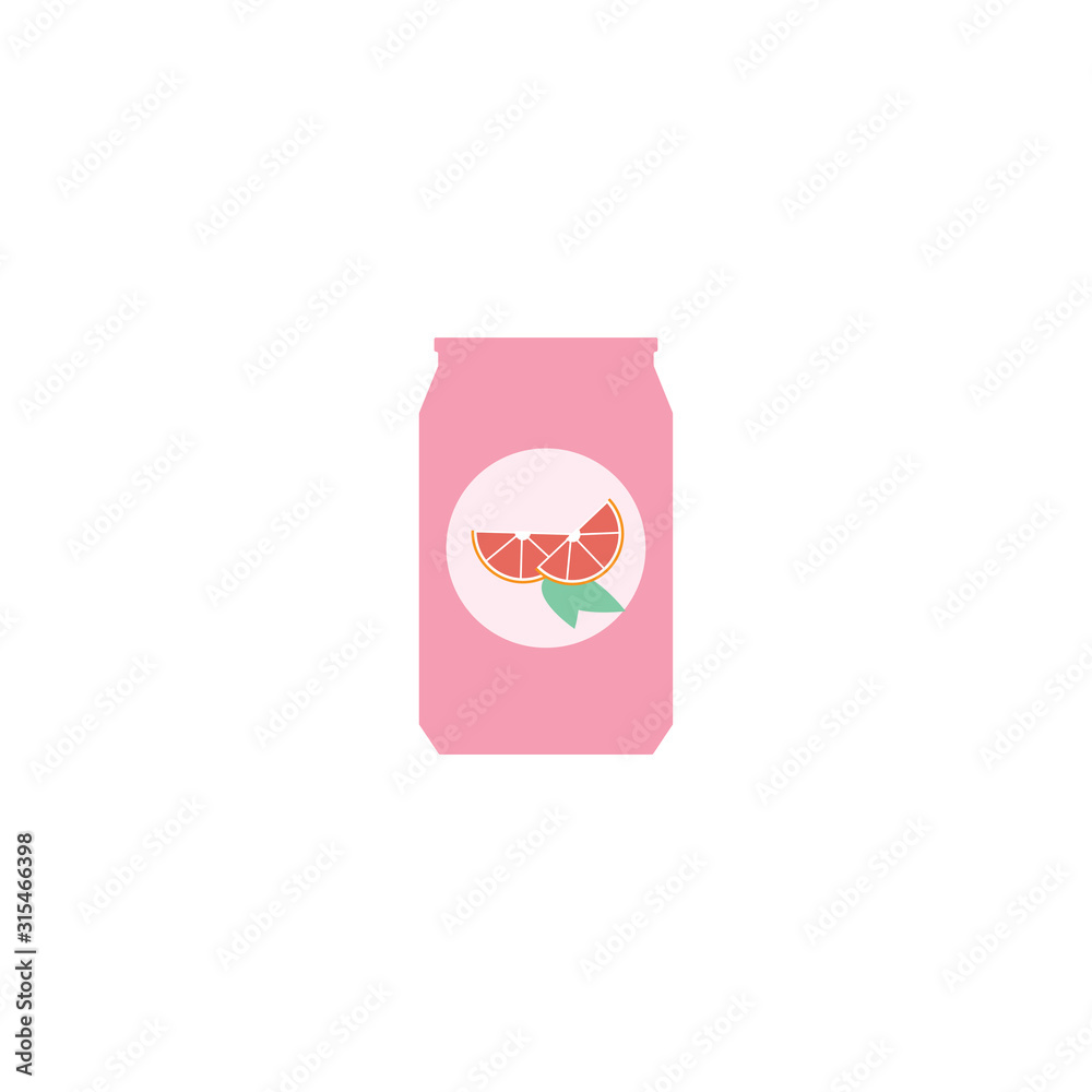 Grapefruit drink in a pink can flat vector illustration isolated on a white background. Grapefruit drink in a pink can flat vector illustration isolated on a white background.