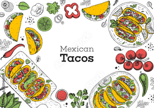 Tacos cooking and ingredients for tacos, sketch illustration. Mexican cuisine frame. Fast food menu design elements. Tacos hand drawn frame. Mexican food