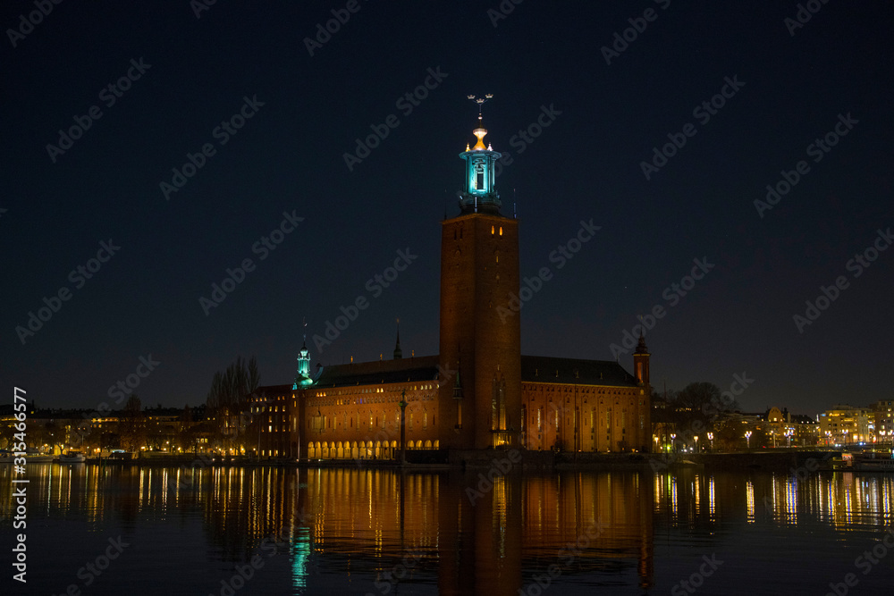 Night view of Stockholm Town City Hall in winter
