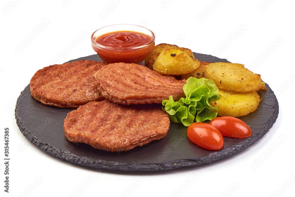 Fried Burger meat, ingredients for hamburger, isolated on white background