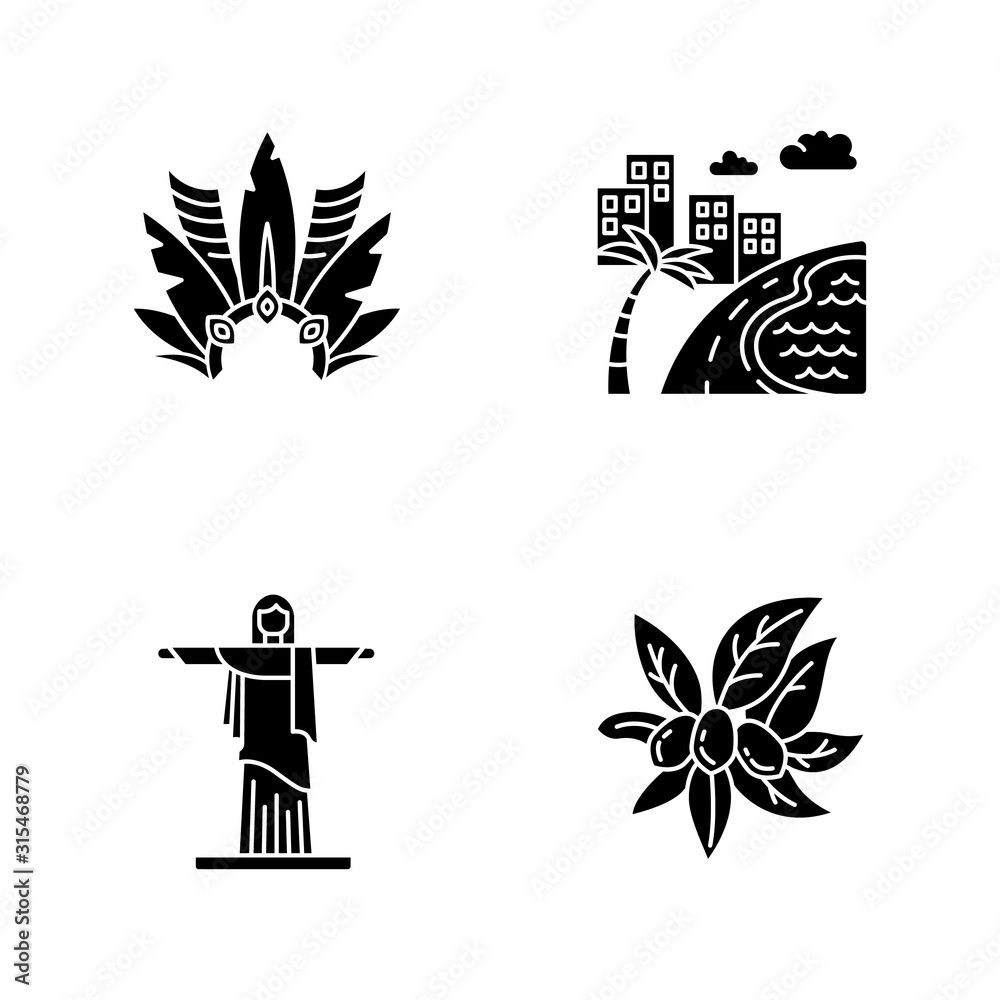 Brazil black glyph icons set on white space. Crown with plumage. South America cityscape. Christ the Redeemer. Religion sculpture. Rio de Janeiro. Silhouette symbols. Vector isolated illustration