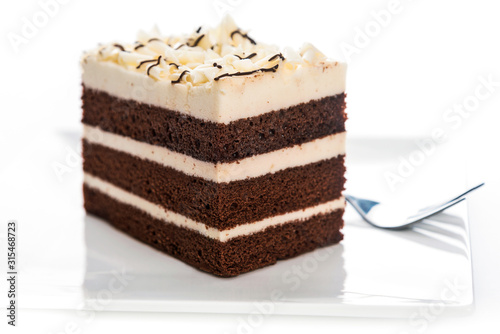 Delicious multilayer homemade cocoa sponge cake with sugar mass on a plate with a fork in close-up