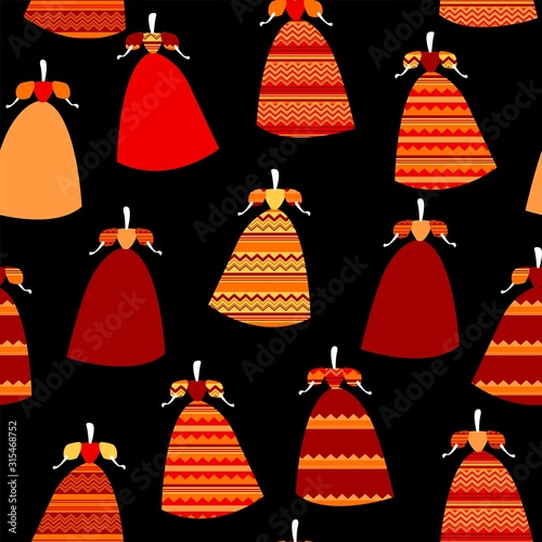 Seamless pattern with abstract girls in yellow-red dresses, ethnic stylized pattern.