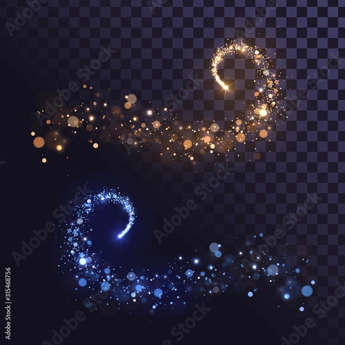 Abstract curlicues elements on a transparent background, gold and blue flying star with sparks