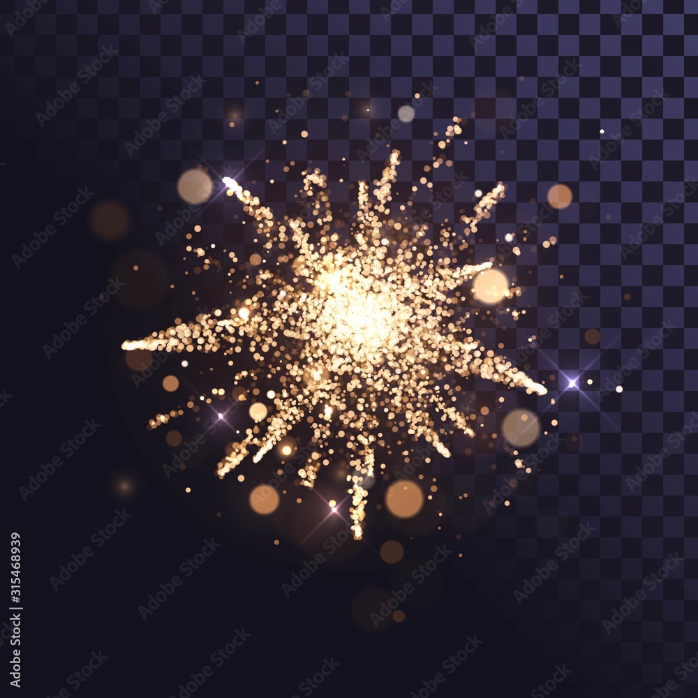 Golden fireworks with sparks on transparent background, explosion of golden shiny dust