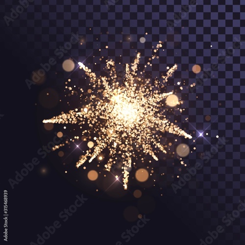 Golden fireworks with sparks on transparent background, explosion of golden shiny dust