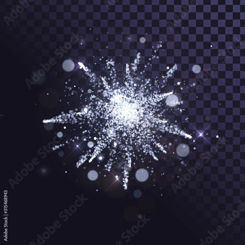 Silver fireworks with sparks on a transparent background, explosion of white shiny dust or snow