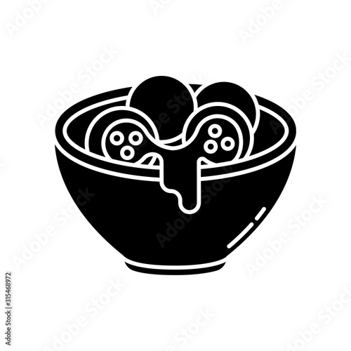 Cheese bread black glyph icon. Arancini. Pão de queijo. Brazilian traditional food. National cuisine. Bakery product. Brazil meal. Silhouette symbol on white space. Vector isolated illustration