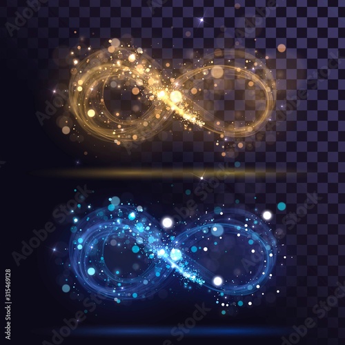 Golden and blue signs of infinity with  blurred dust, Mobius strips of sparks photo