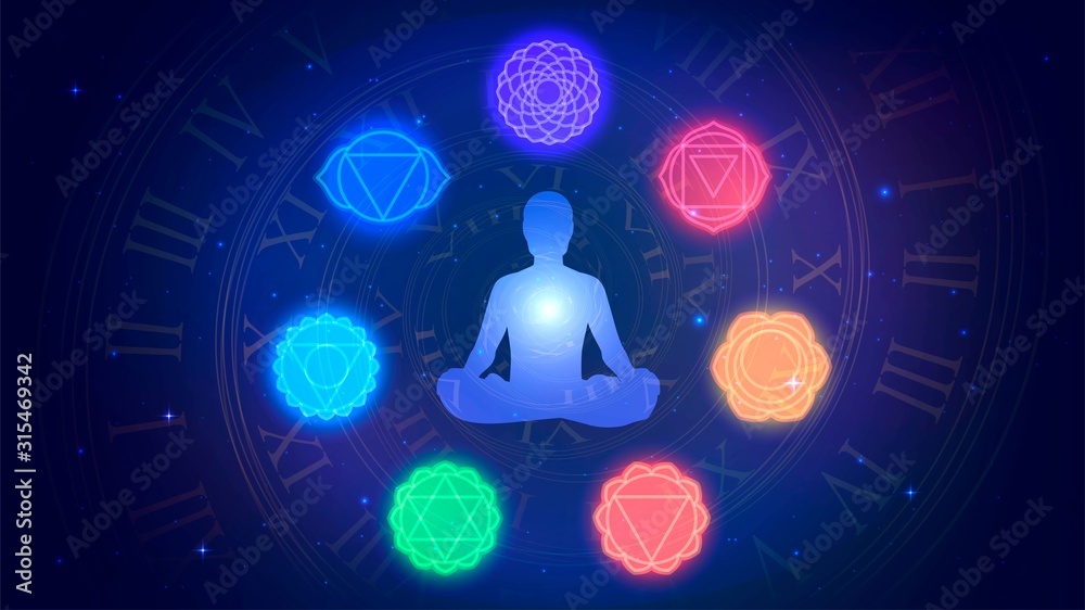 Silhouette of meditating human sitting in the lotus position and seven chakras