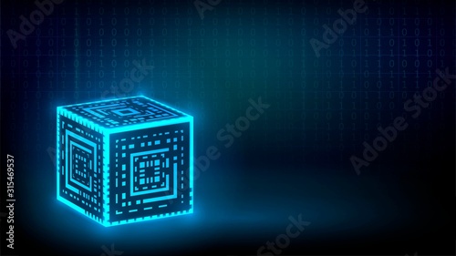 Dark technology background with glowing blue neon cube, encryption technology and computer security concept, futuristic box or block