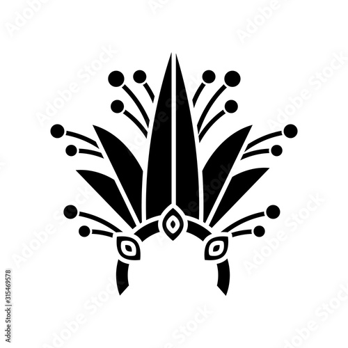 Brazilian carnival headwear black glyph icon. Crown with plant leaves and jewels. Traditional wear. Ethnic festival. National holiday. Silhouette symbol on white space. Vector isolated illustration
