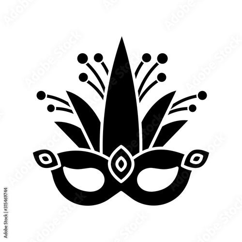 Masquerade mask black glyph icon. Traditional headwear with plant leaves. Ethnic festival. National holiday parade. Silhouette symbol on white space. Vector isolated illustration