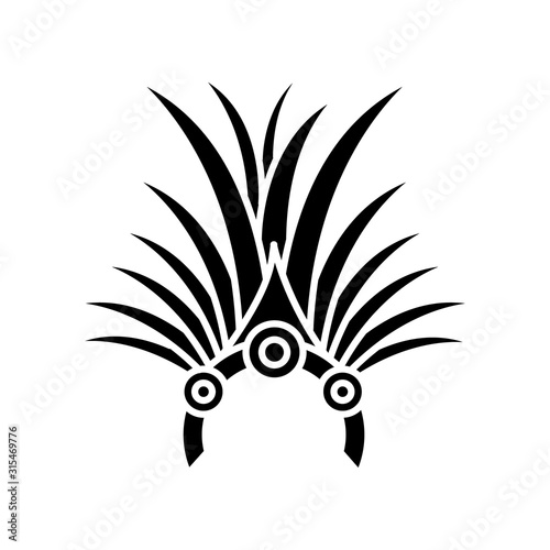 Brazilian carnival headwear black glyph icon. Crown with palm leaves and jewels. Traditional wear. Ethnic festival. Masquerade parade. Silhouette symbol on white space. Vector isolated illustration