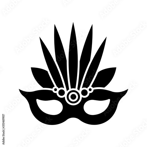 Masquerade mask black glyph icon. Traditional headwear with leaves. Ethnic festival. National holiday parade. Silhouette symbol on white space. Vector isolated illustration