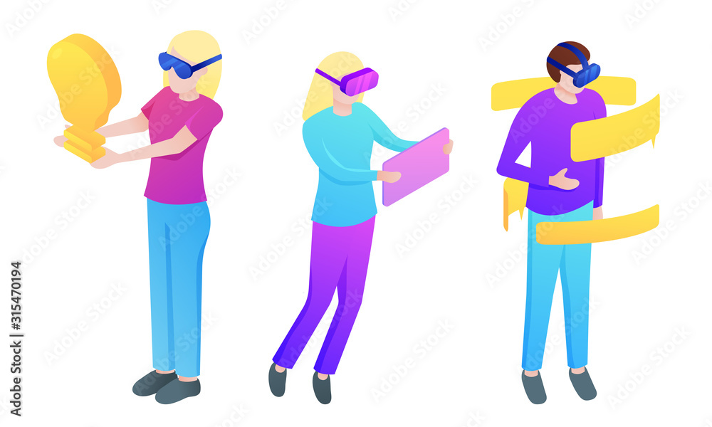 Set of people in masks playing virtual games vector illustration