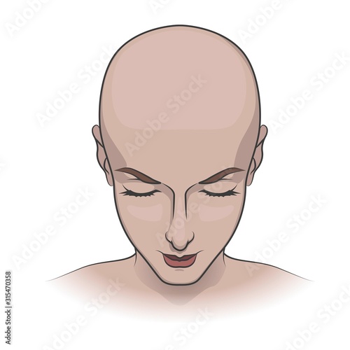 Head down of a bald man on a white background, shaved monk or women with cancer