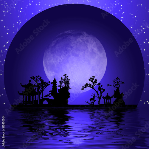 Asia Landscape with Full Moon. Night Silhouettes