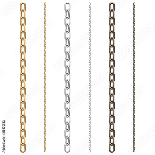 Set of chains on a white background: gold, steel and rusty iron