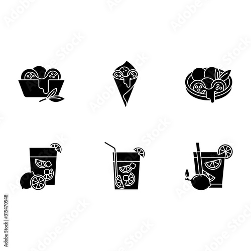 Brazilian cuisine black glyph icons set on white space. Arancini. Сheese bread. Caipirinha. Alcoholic beverage, lime. Traditional food and cocktail. Silhouette symbols. Vector isolated illustration