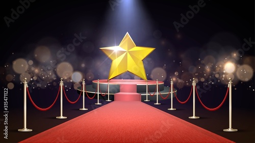 Red carpet and a round stage with big gold star, the path to glory