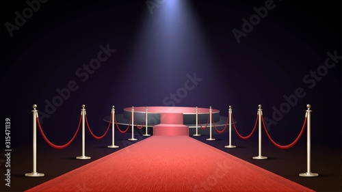 Red carpet in a dark room with spotlights and a round stage, the path to glory