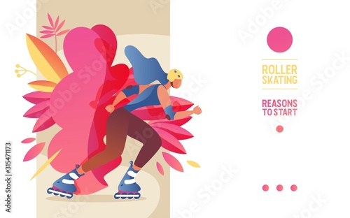 Vector concept horizontal banner with young woman with blue hair roller skating. Bright leaves in pink and yellow. Good scene for web site header of teen energy and lifestyle