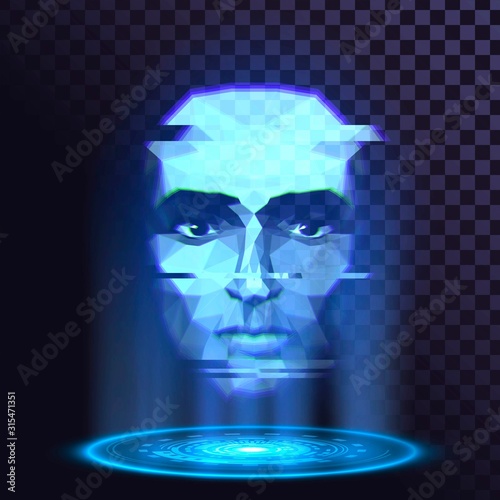 Blue luminous hologram with a human face on a transparent background photo