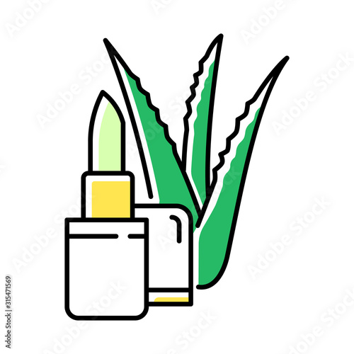 Organic lip balm green color icon. Organic cosmetic with aloe vera extract. Lipcare with medicinal herbs. Plant based cosmetic product. Dermatology and skincare. Isolated vector illustration