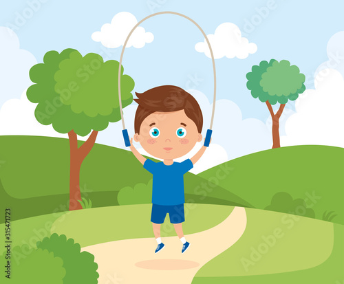 cute boy in park with jumping rope vector illustration design