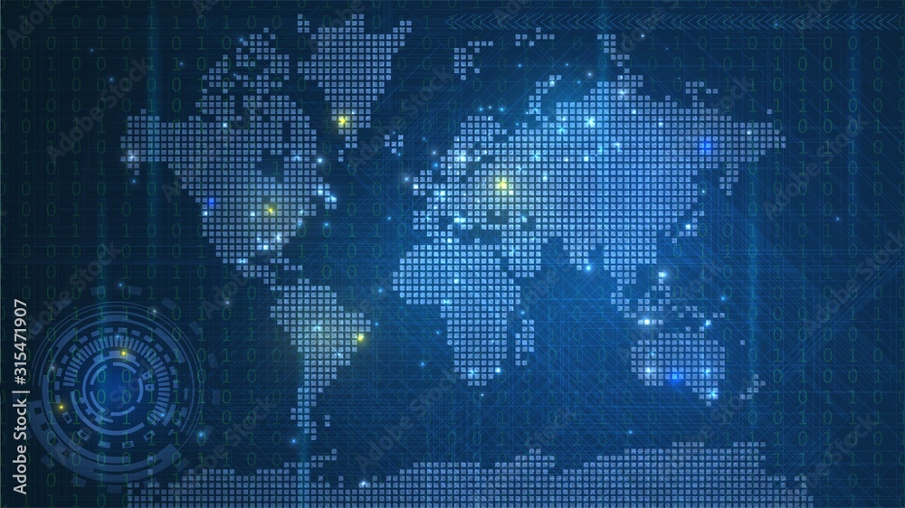 Obraz premium Granatowa mapa technologiczna świata z świecącymi kropkami, globalna sieć informacyjna na cyfrowym ekranie