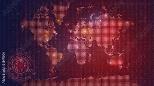 Dark red technological map of the world with luminous dots, global information network on a digital screen