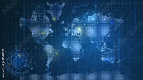 Dark blue technological map of the world with luminous dots, global information network on a digital screen