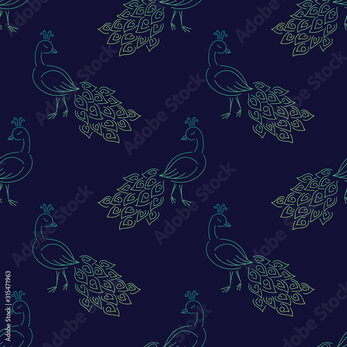 Beautiful peacock seamless pattern on a dark blue background. Bright color gradient. Line art.