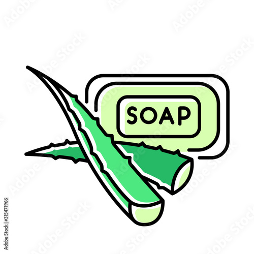 Plant based soap green color icon. Organic toiletries. Aloe vera cosmetic. Hygiene and healthy skincare. Plant based product. Cleansing treatment with herbs. Isolated vector illustration