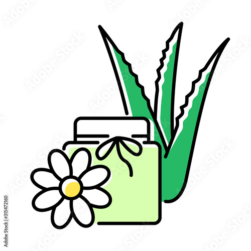 Vegan wax green color icon. Cream with floral extract. Organic lotion in jar with aloe vera. Medicinal herbs product. Plant based cosmetic. Beauty treatment. Isolated vector illustration