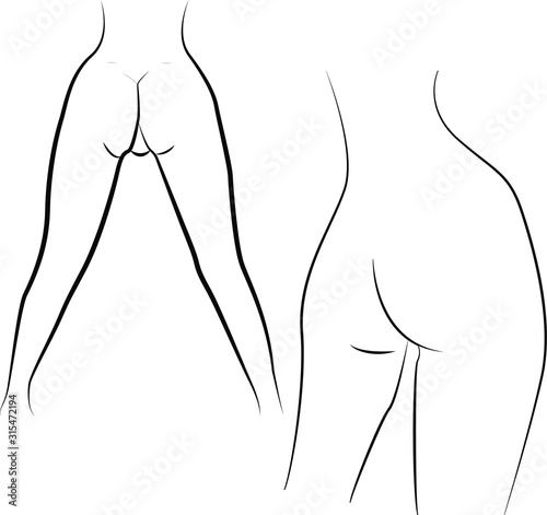 The silhouette of a young girl's naked ass. Vector linear logo. Sexy female body in the back. Ideal for tattoos, logos, signs, printing on paper. 