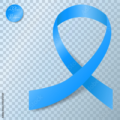 Realistic 3d blue silk ribbon on transparent background. World prostate cancer day. Satin ribbon mock up. Awareness blue november ribbon. Vector illustration