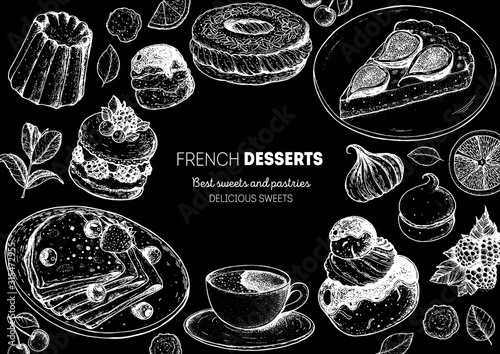 A set of french desserts with canele, Ispahan, crepes, chocolate religieuse, paris brest, fig tart. French cuisine top view frame. Food menu design template. Hand drawn sketch vector illustration.