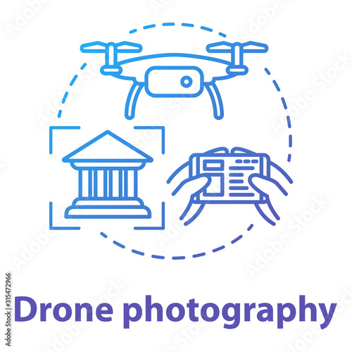 Drone photography concept icon. Quad copter with camera spying on house. Shooting historical objects from unusual angle. Vector isolated outline RGB color drawing