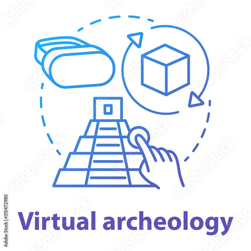 Virtual archeology concept icon. Computer simulations of cultural sights. Modeling and visualization of historic monuments. Vector isolated outline RGB color drawing