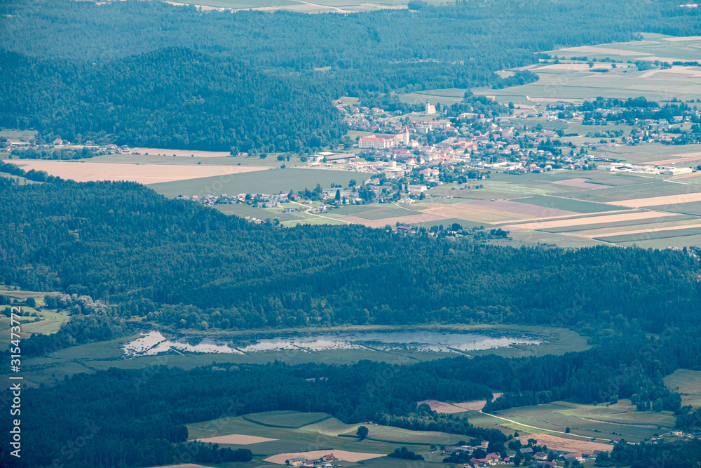 View from mountain Hochobir to Jauntal with lake Tomerteich, Eberndorf