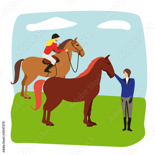 Equestrian  derby sport flat hand drawn color illustration. Stallion. Equestrianism. Racehorse hand drawn clipart. Horse racing competition.Professional jockeys  riders. Hippodrome  isolated