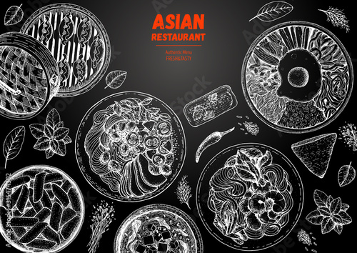 Asian cuisine sketch collection. Hand drawn vector illustration. Food menu design template, engraved elements. Mediterranean food set.
