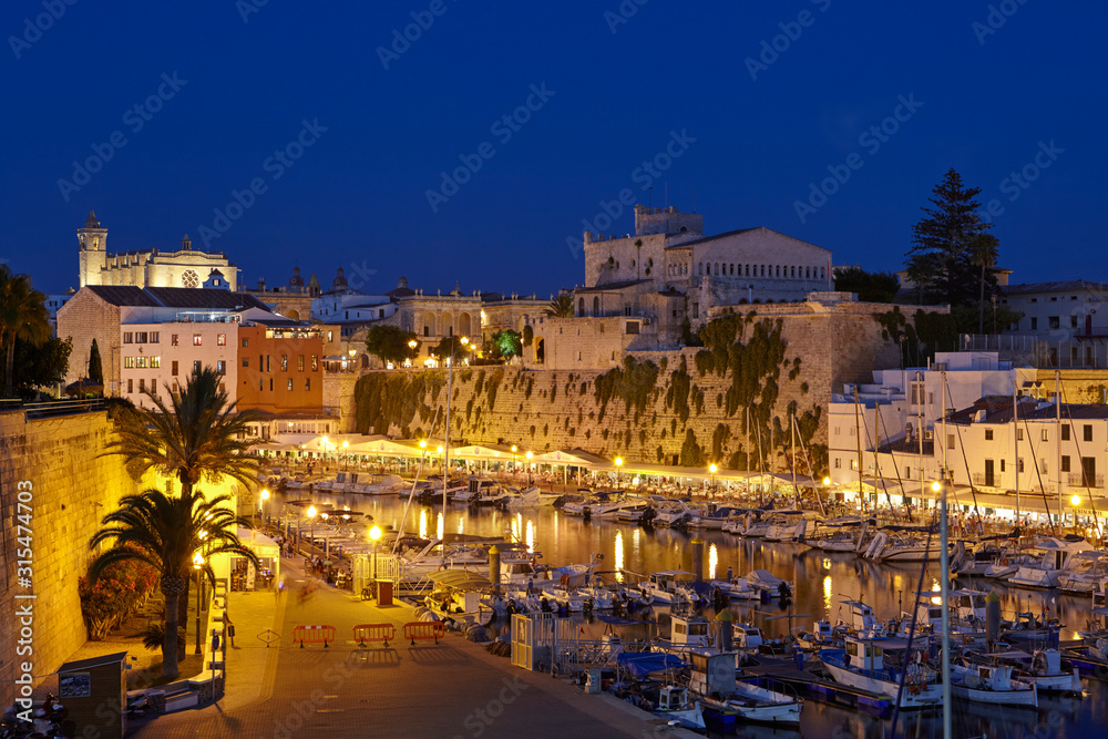 The little port of Ciutadella de Menorca by night, Menorca, Balearic Islands, Spain