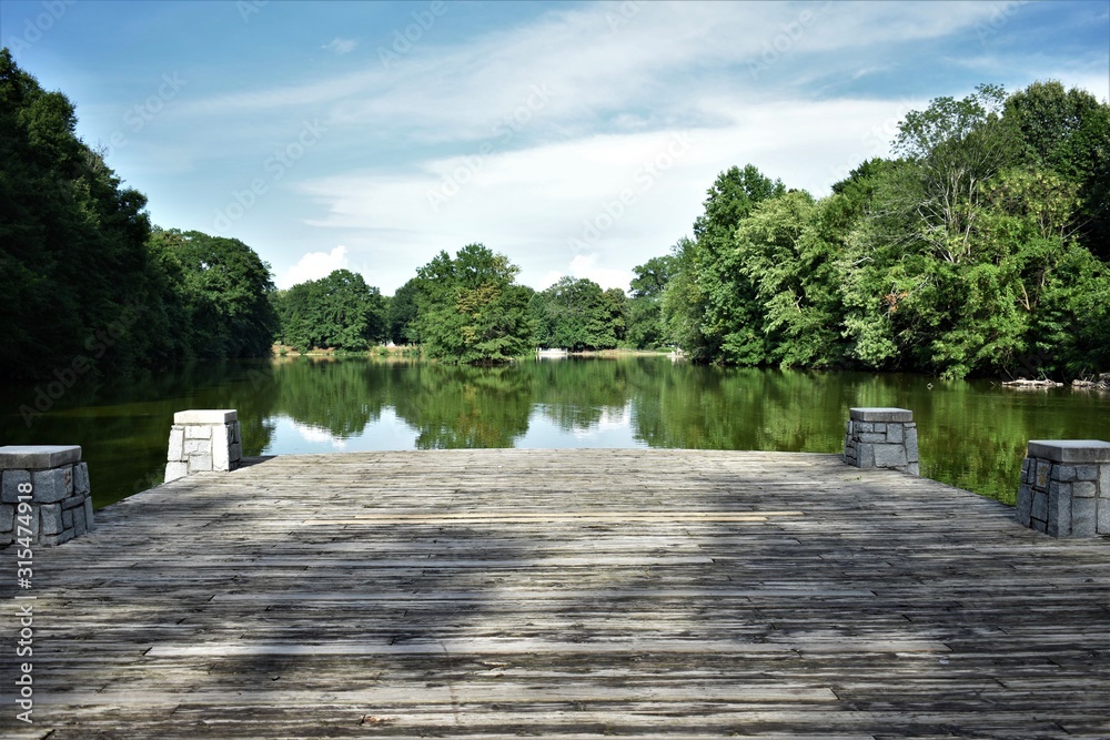 Wooden pier and lake with trees in Atlanta 