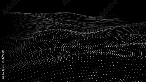 Abstract dynamic wave of many points. Big data. Low poly shape. Shining particles. Futuristic background. Vector.