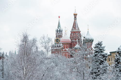 St. Basil's Cathedral in the center of Moscow. Red square Moscow. Temple in the snow.